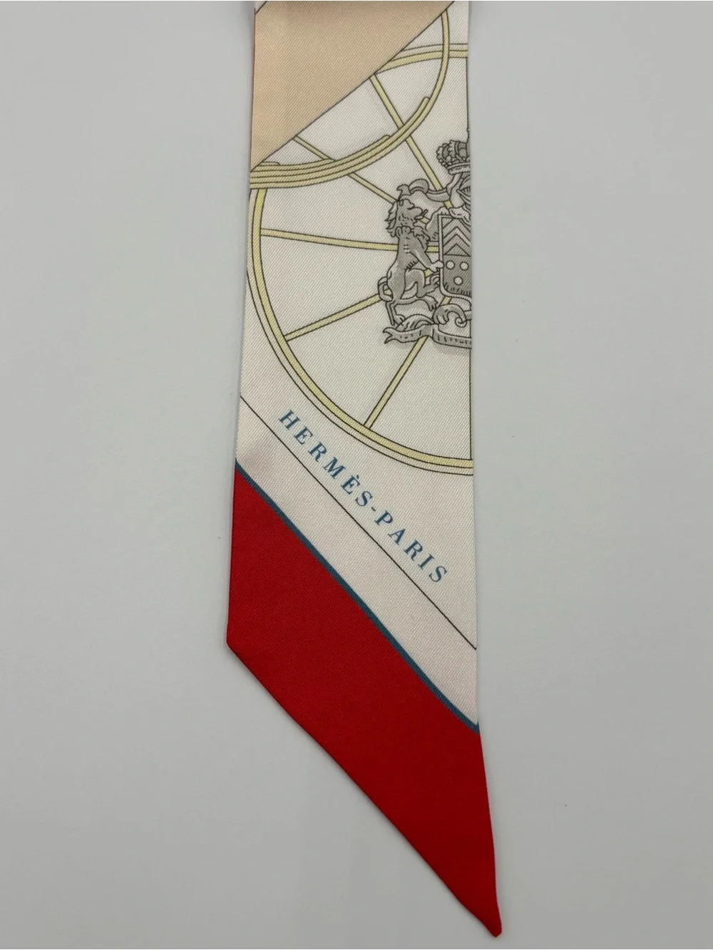 Hermes Springs Springs Twilly Scarf Ivory Red Blue Green Carriage Wheel Ribbon